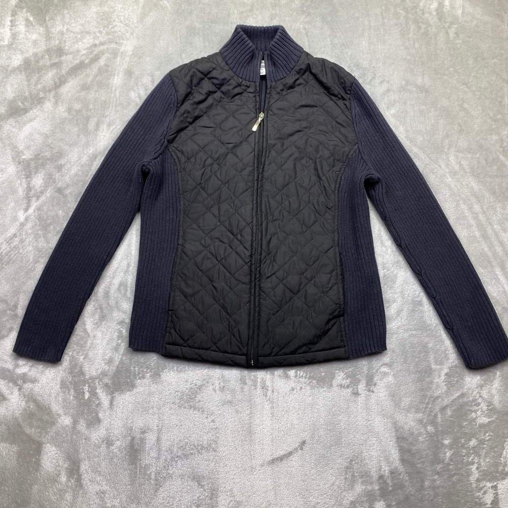 Croft & Barrow Petite PM Black Quilted Front Knit‎ Sleeve Full Zip Up Jacket